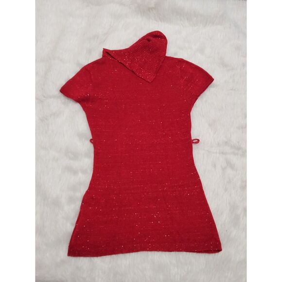 Girl's RED Solid Ribbed Stand Collar Turtleneck Short Sleeve Knit Top 10/12 M - Picture 3 of 4